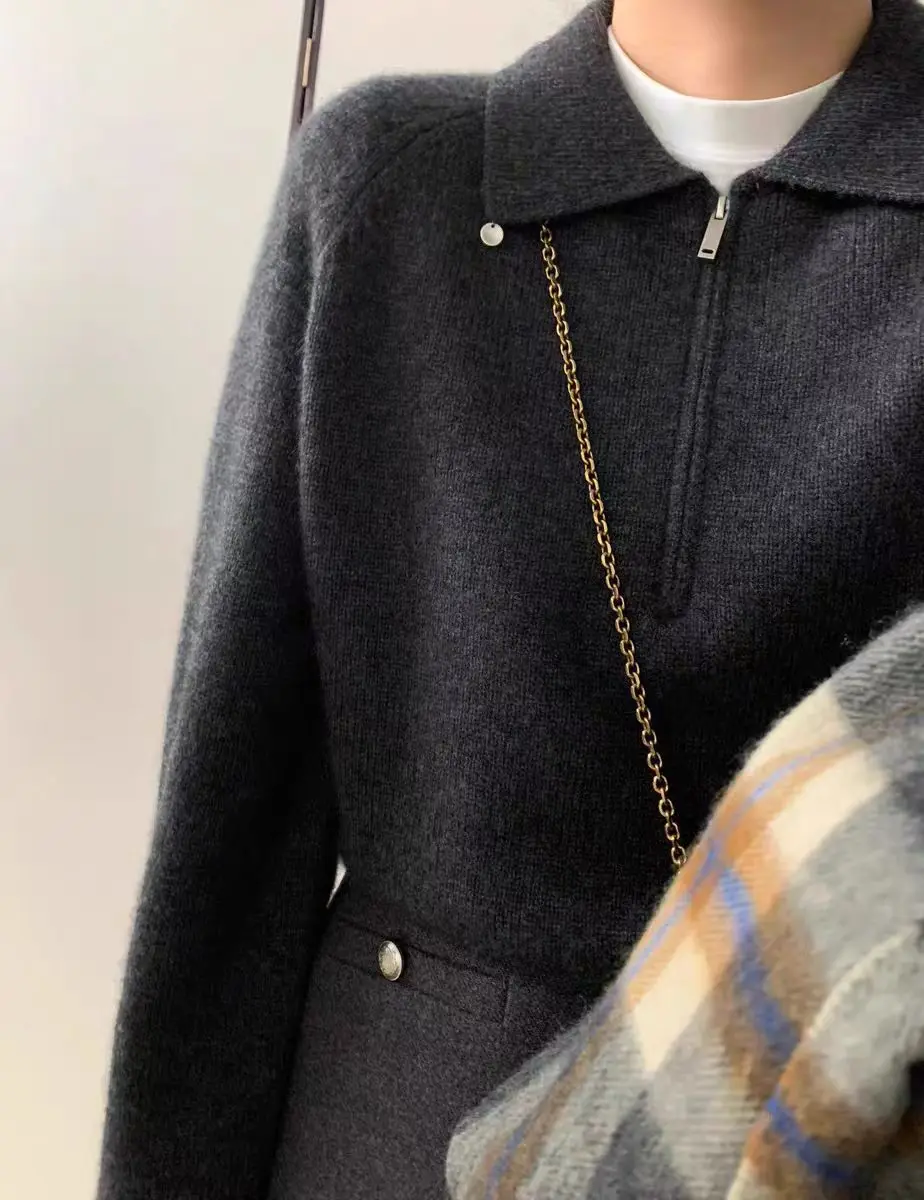 POLO collar 100% pure cashmere sweater women's pullover sweater high-grade solid color wool knitwear top