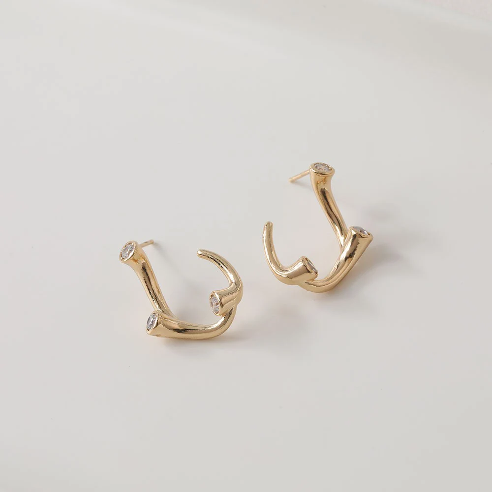 2Pair 14K Gold Plated Antler Earrings Brass Inlaid Zircon Ear Stud Jewelry DIY Making Supplies Material Accessories