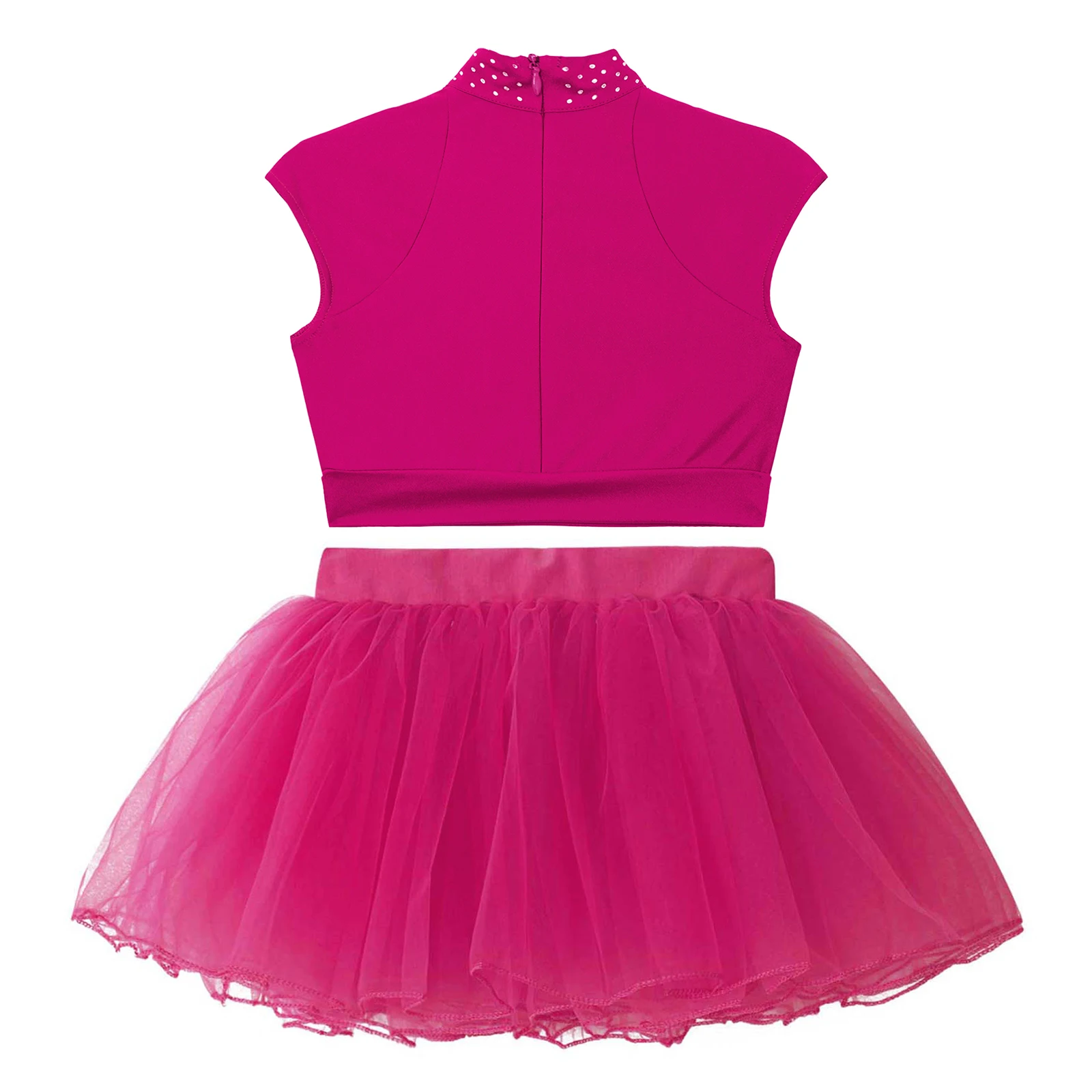 Kids Girls Ballet Tutu Dress Sleeveless Rhinestones Crop Top with Sheer Mesh Skirt Figure Skating Ballroom Competition Costume