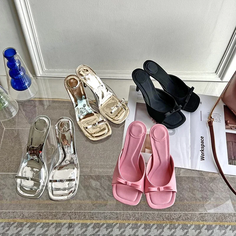 

Women's Square Toe Bow Decor Thin Heel Slide Sandals Elegant Summer Footwear Drop Shipping Shoes for Ladies Free Gift 2026 Fast