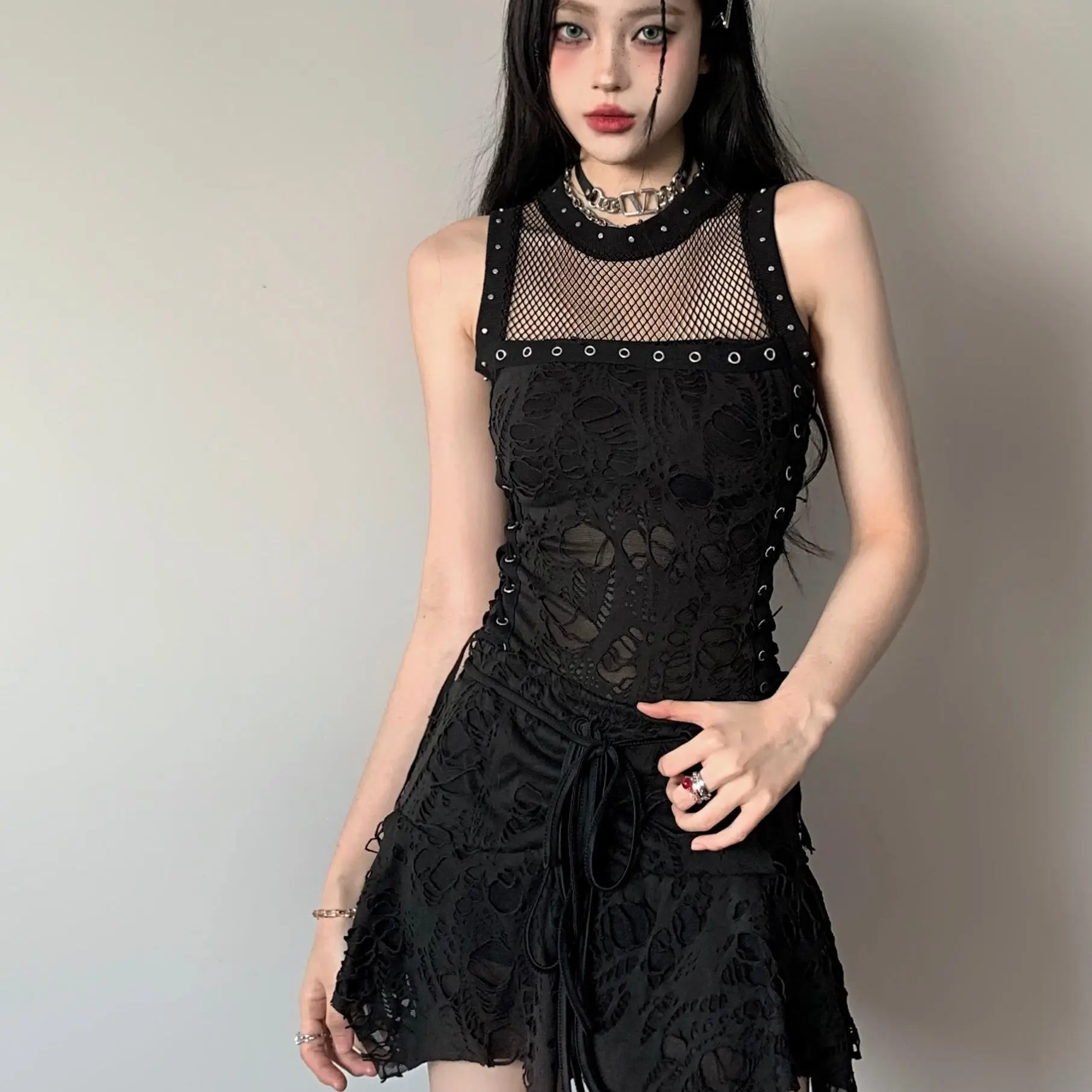 

Summer American Hollow Spice Girl Style Suit Short Suspender Vest Top High Waist Skirt