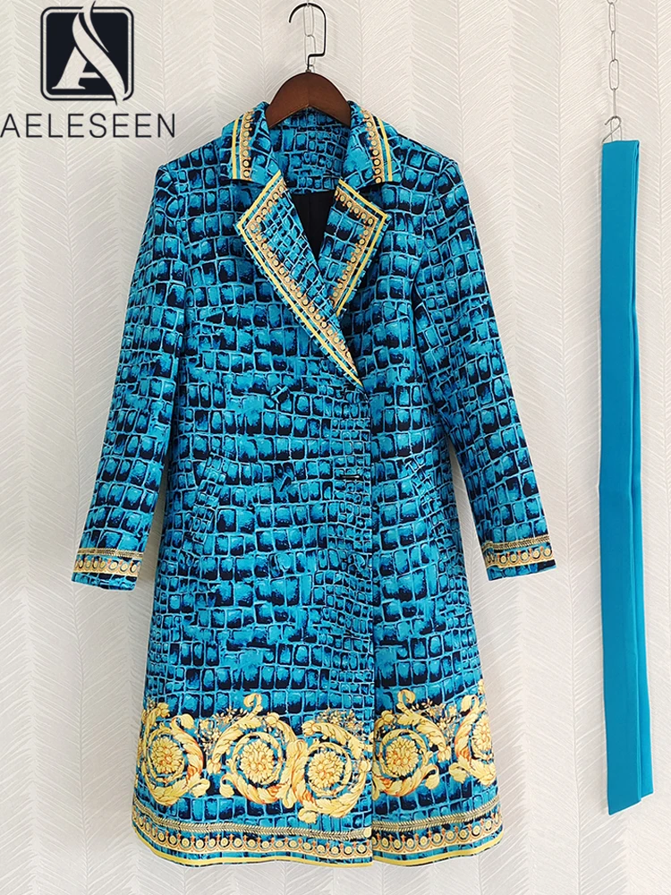 

AELESEEN Vintage Women Long Coat Designer Fashion Autumn Winter Turn-down Collar Blue Leopard Print Belt Elegant Outwear Trench