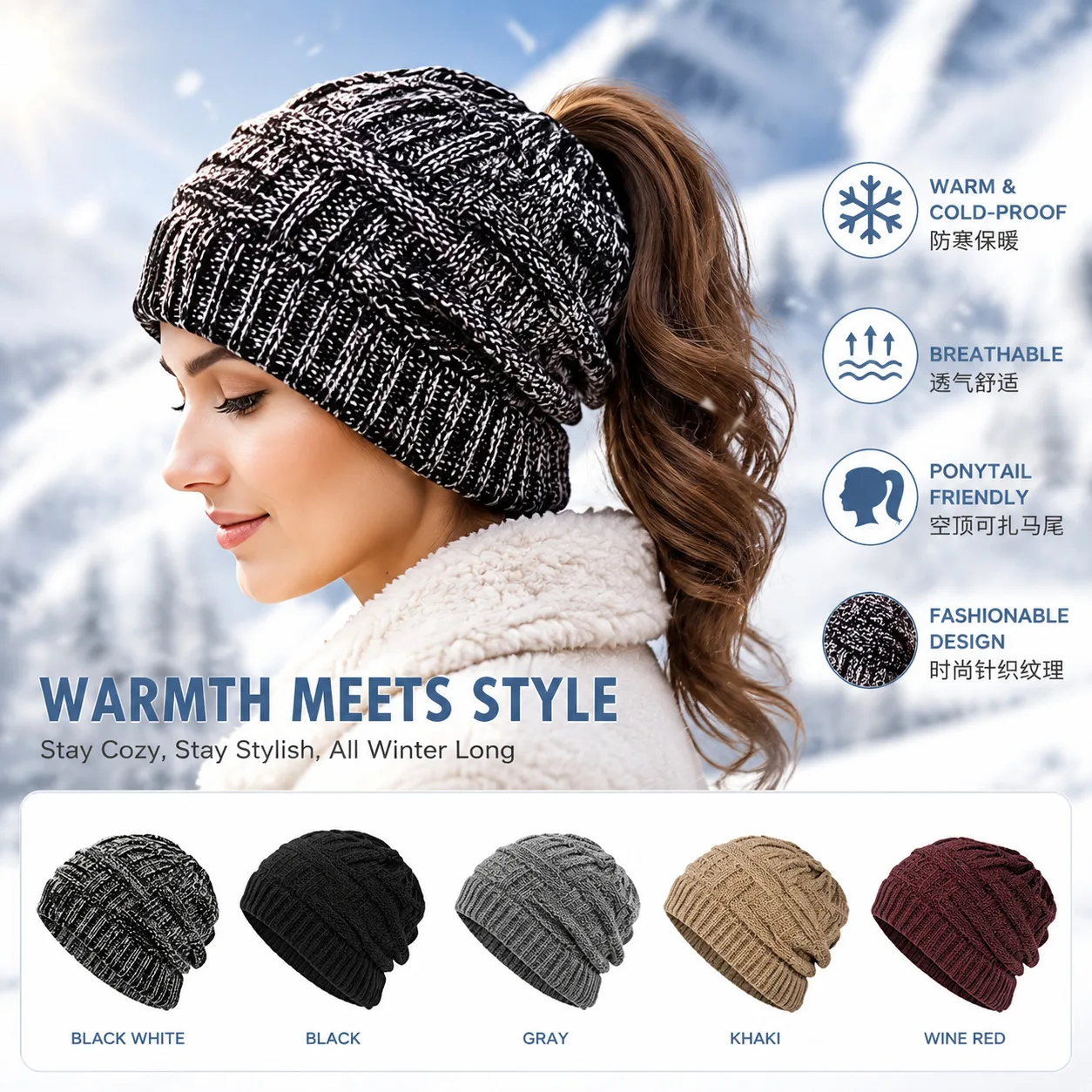 2026 Women Messy Bun Ponytail Beanie Winter Warm Cable Knit Hat Stretch Soft Knitted Skull Cap for Ladies Outdoor Sports