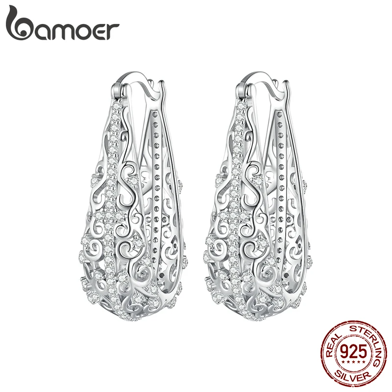 Bamoer 925 Sterling Silver Decorative Vine Hollow Pattern Hoop Earrings Waterdrop Shape Ear Buckles for Women Luxury Jewelry