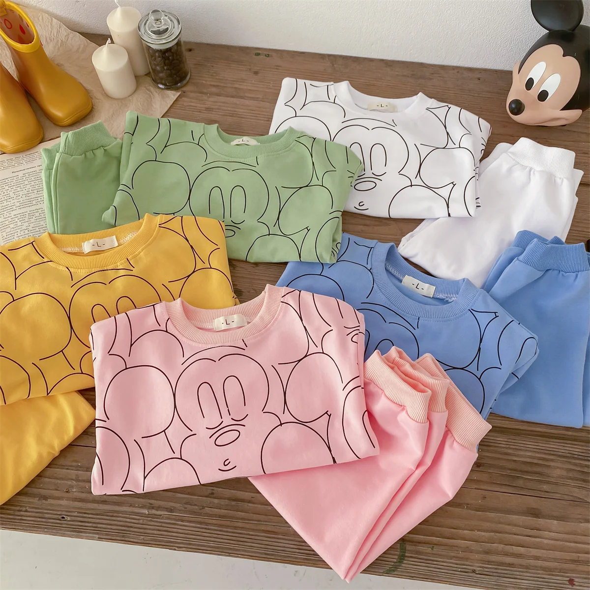 

Solid Color Mickey Baby Tracksuit Spring/autumn Long Sleeved Suit Loose Fashion Boys Girls Clothes Sweatshirt Set Disney Cartoon