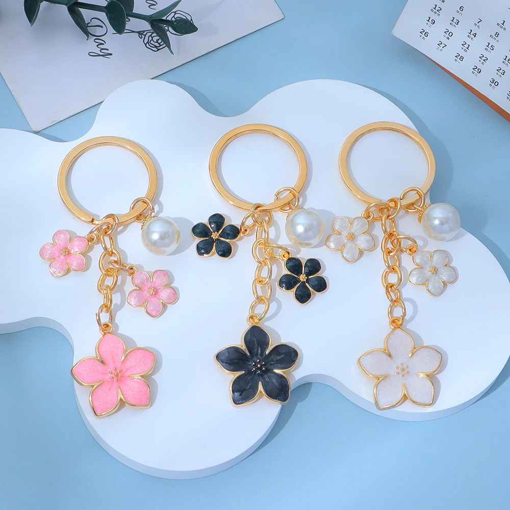 Niedliche Blumen-Anhänger Schlüsselanhänger mit Perle Metall-Schlüsselhalter Handtaschen-Deko Accessoires Mädchen Geburtstagsgeschenke – Detail 3
