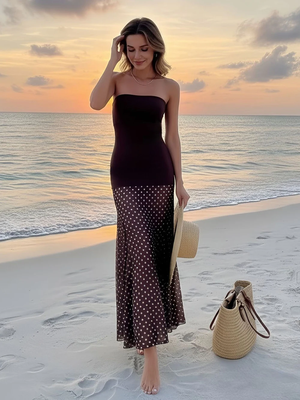 

Французское вечернее платье на тонких бретелях с кружевной отделкой, коричневыми облегающими вставками и сетчатой тканью