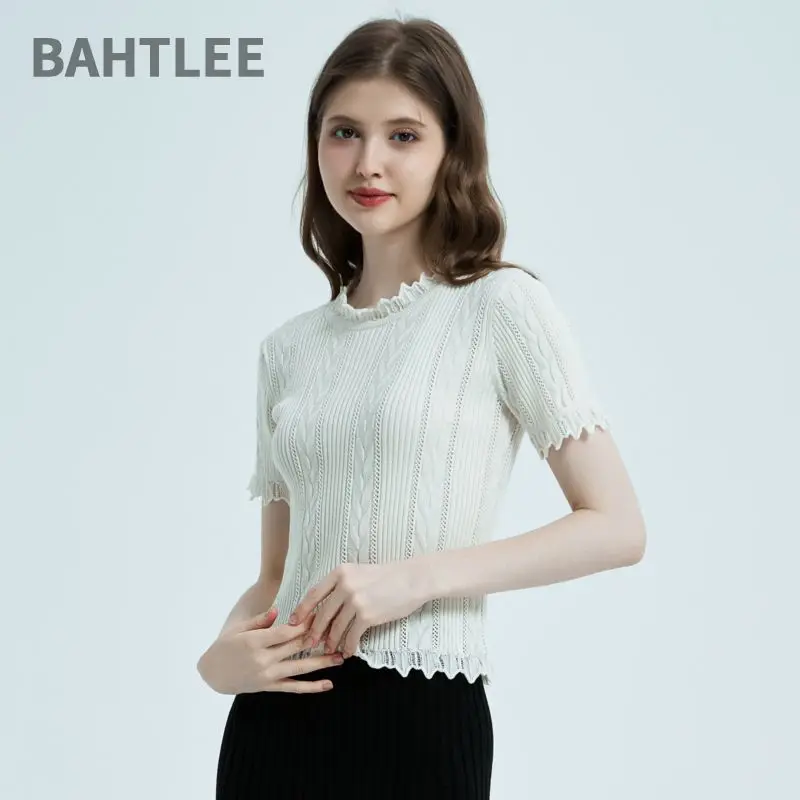 BAHTLEE-Merino Wool Sweater for Women, Short Style Coat, Knitted Pullover, O-Neck, Short Sleeves, Hollow Stripe, Summer