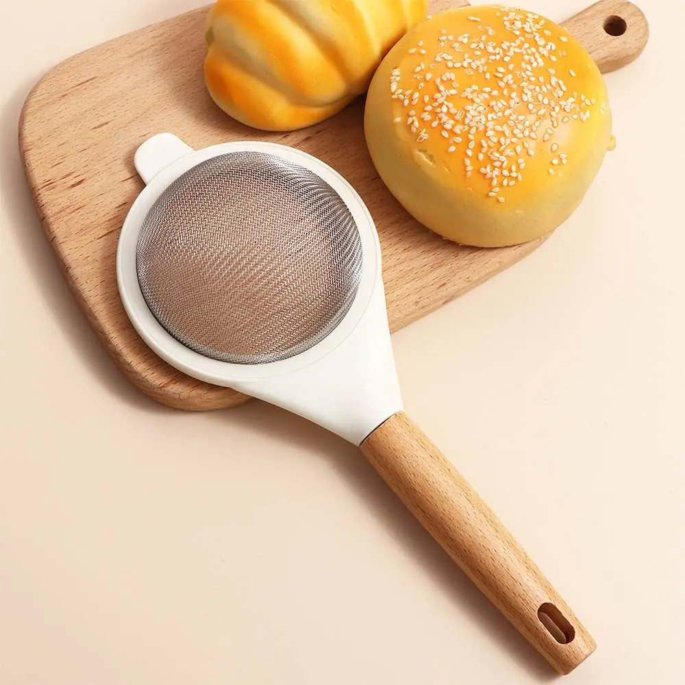 Matcha w proszku kakaowy durszlak ze stali nierdzewnej z drobnymi oczkami drewniany uchwyt sito do mąki łyżka cedzakowa do przesiewania sita w proszku