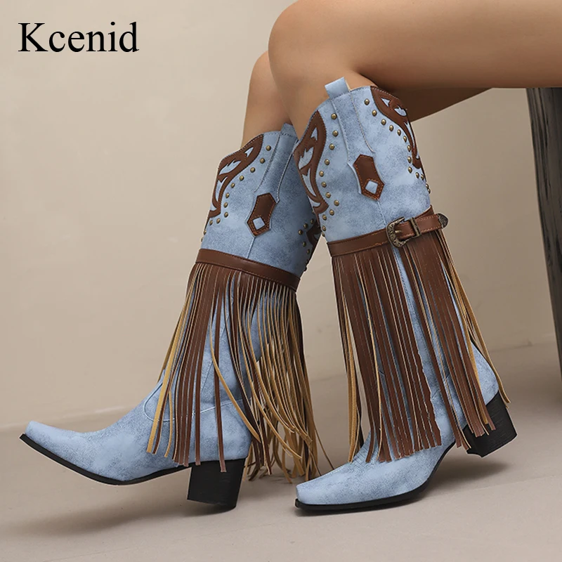 

Kcenid New Women's Punk Western Cowgirl Boots Autumn Winter Trend Goth Buckle Belt Tassel Knee High Fringe Shoes Plus Size 34 48