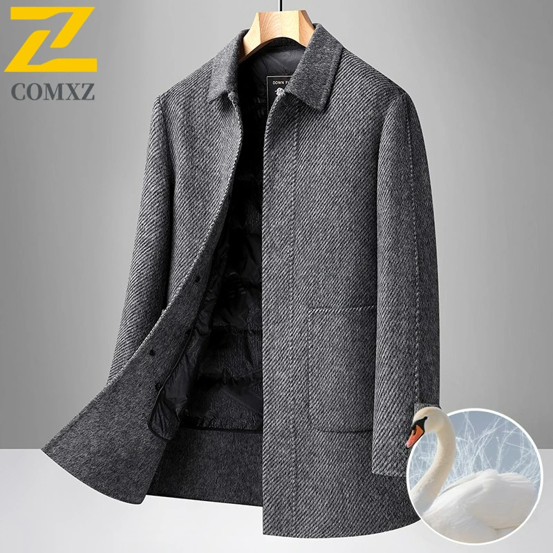 

COMXZ Men Down Jacket Casual Notch Collar Commute Office Lightweight Puffer Coat High Quality Goose Down Warm Winter Wool Jacket
