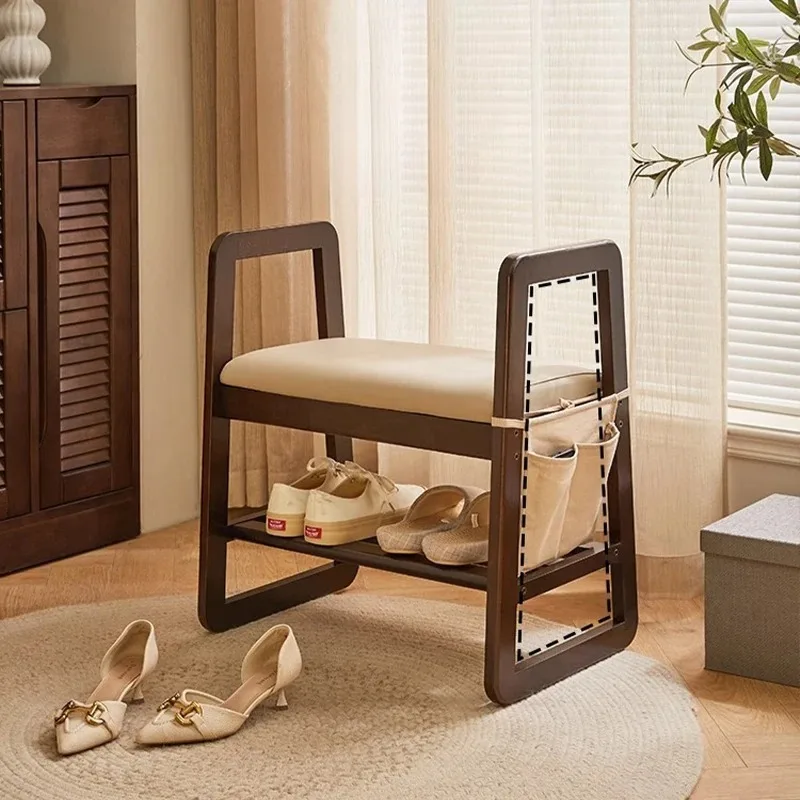 Solid Wood Armrest Shoe Bench Upholstered Entryway Stool Elderly Sitting Chair for Hallway Shoe Rack