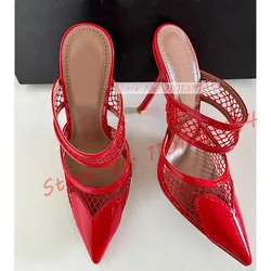 Sexy Mesh Pointed Toe Mules Women Luxury Cutout Heart Decal Shoes Ladies Trending Splicing High Heels Front Strap Slippers