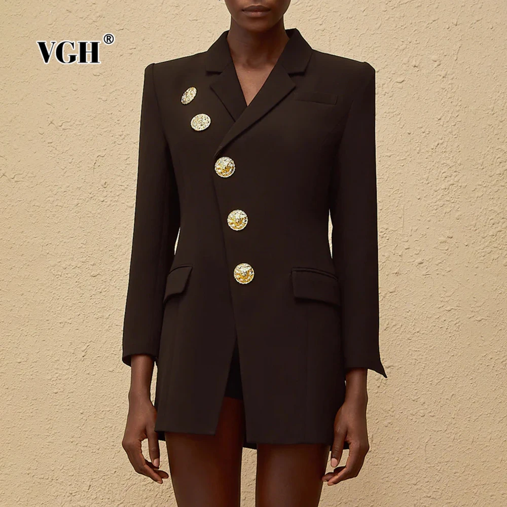 

VGH Solid Color Pathwork Split Design Jacket for Women Nothced Collar Wrist Sleeve Spliced Slanted Buttons Slim Coat Female New