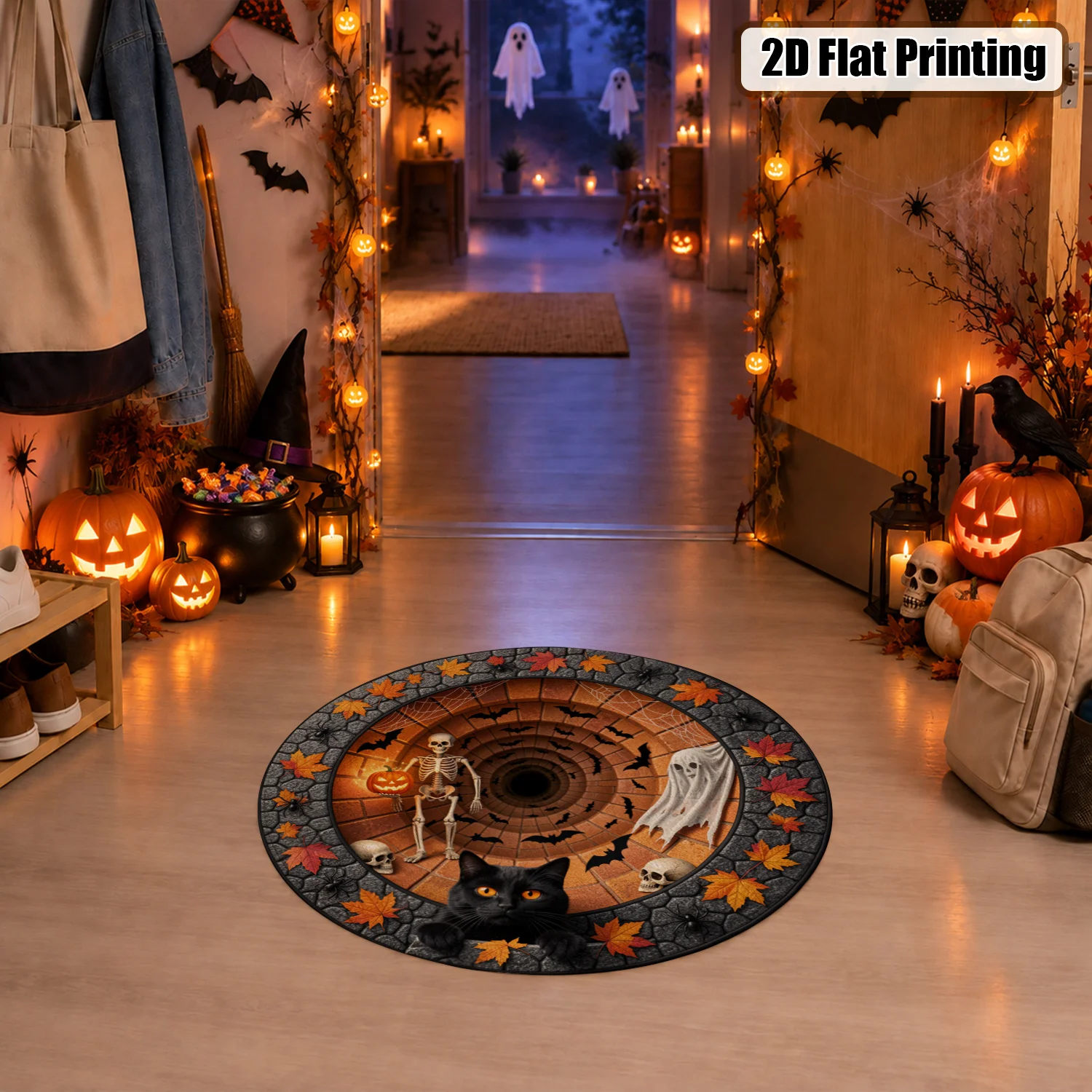 Spiral Skeleton Ghost Bat Pumpkin Autumn Design Round Velvet Mat Machine Washable Entryway Porch Living Room Hallway Halloween Thanksgiving Christmas New Year Black Friday Cyber Monday