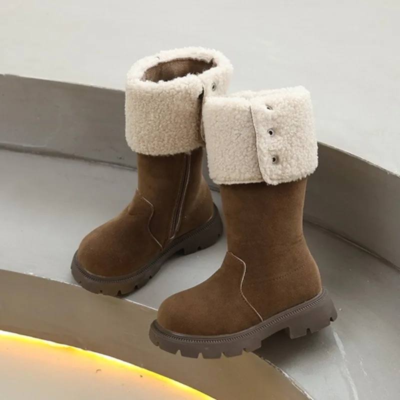 children Long Boots For Girls Faux Fur Thick Warm Girl's Boots Waterproof Calf Length Kid's Plush Boots Children Cotton Shoes