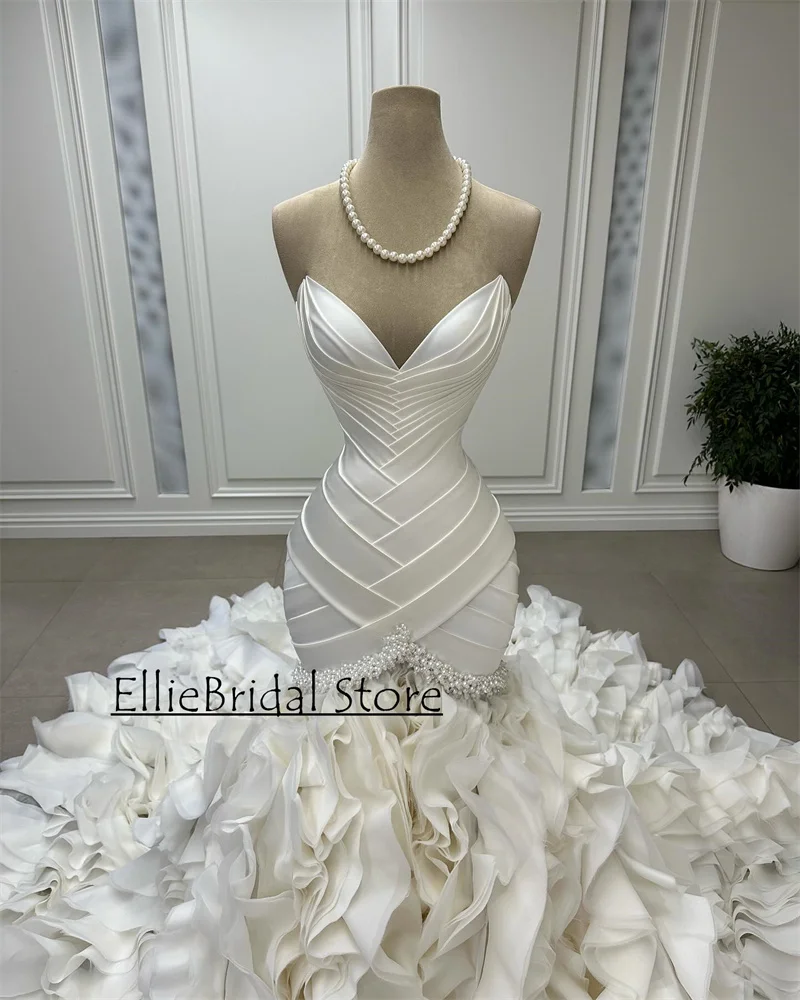 Modern Wedding Dress Women Luxury Pleats Ruffles Fishtail Mermaid Bridal Gowns For Brides Pearls vestidos de noiva Customized