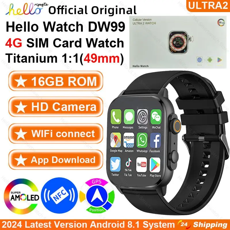 

2024 Новые умные часы Hello 49 мм ULTRA 4G Вызов GPS WiFi NFC 16 ГБ ПЗУ HD AMOLED Камера Приложение Загрузка Часы Смарт-часы для мужчин Женщин