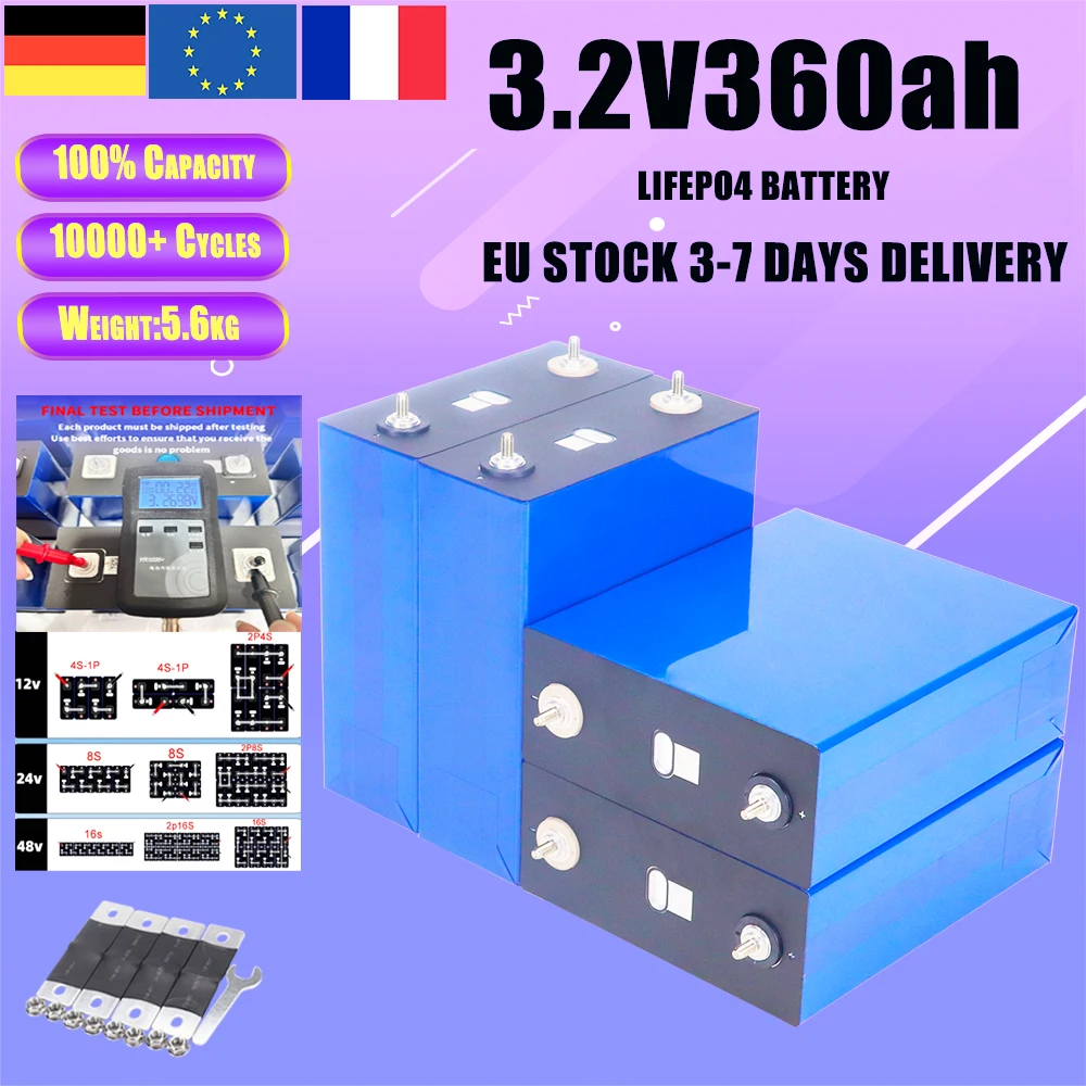 Grade A 360Ah LiFePO4 Battery-10000 Cycles,3.2V Rechargeable Lithium Iron Phosphate Cell for DIY 12V/24V/48V Solar Systems,RVs