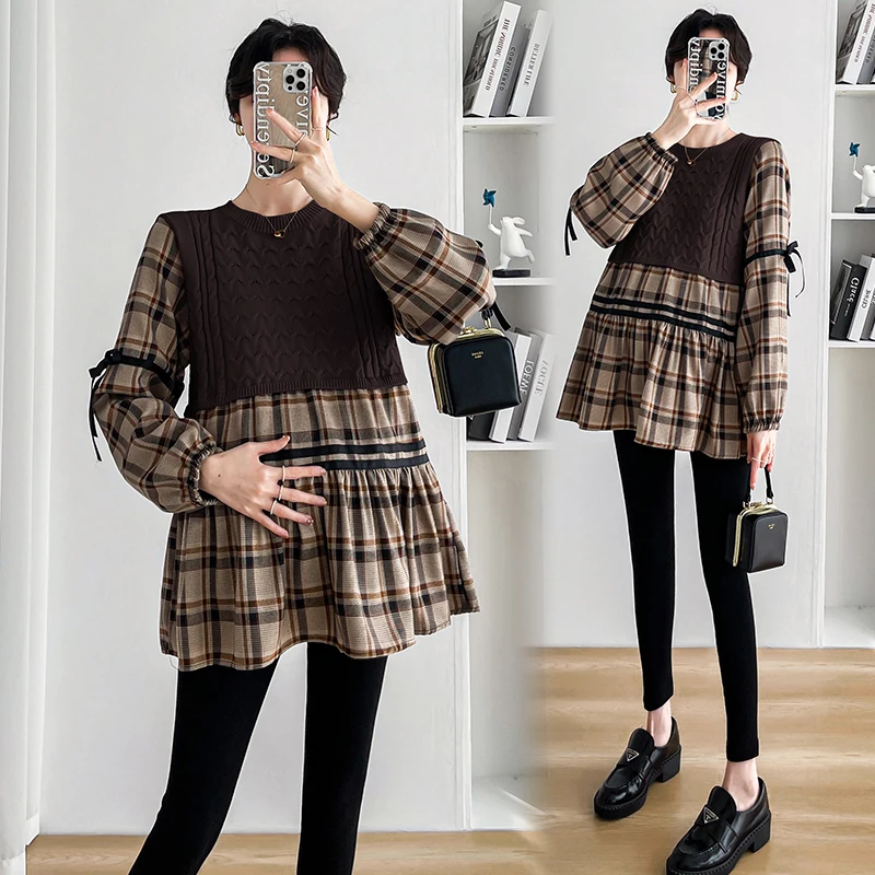 510# 2024 Autumn Winter Plaid Patchwork Knitted Maternity Blouses Loose Shirts Clothes For Pregnant Women Pregnancy Tops