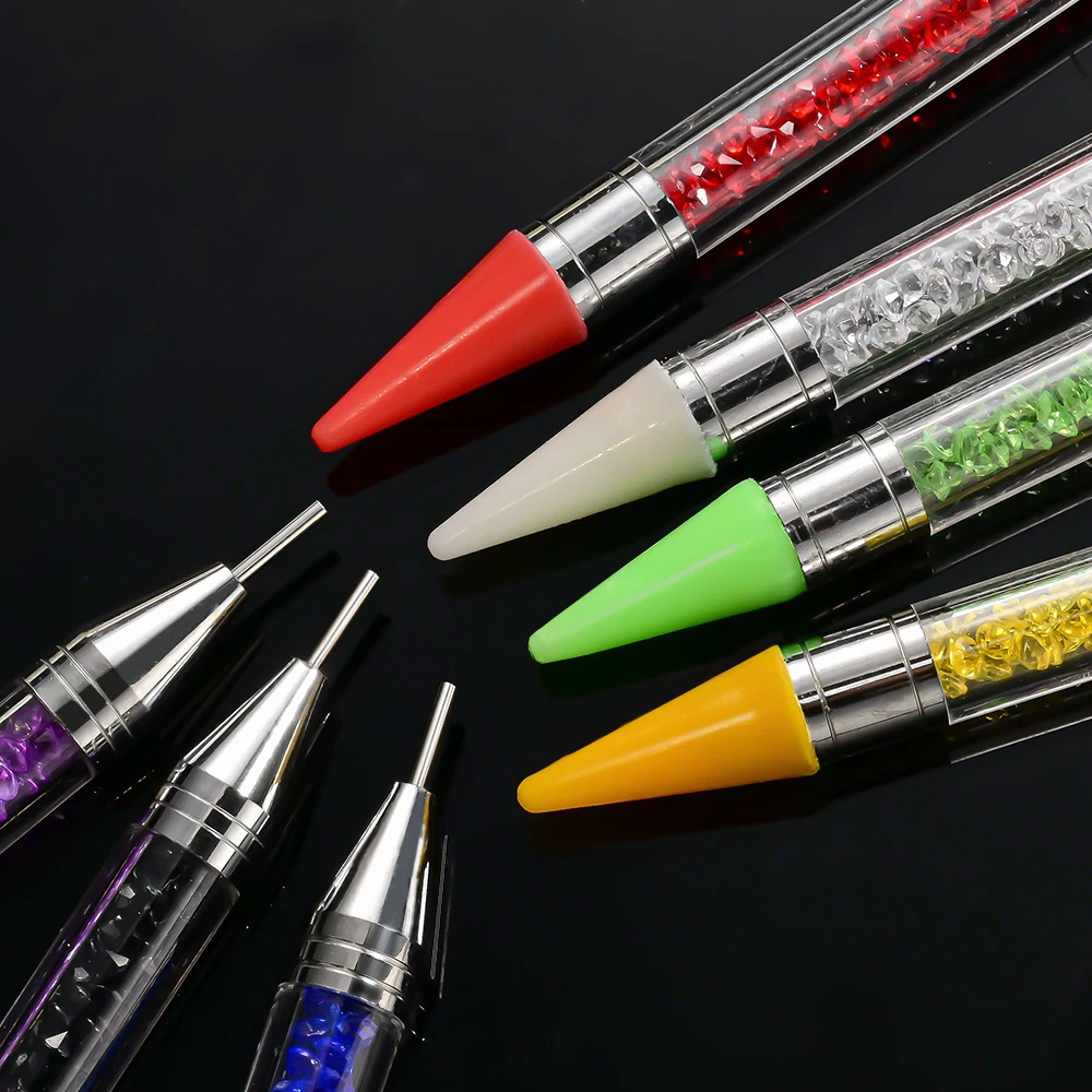 7 色双頭ネイルアート点在ワックスペン + ラインストーンピッカー + 透明ジャケットクリスタルハンドルラインストーンアプリケーターツール