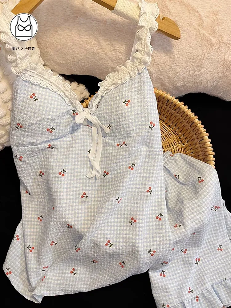 ブルーチェック柄チェリープリントパジャマ女性用スタイル薄いストラップホーム服レースバタフライノット胸パッド半袖 V ネック綿 1