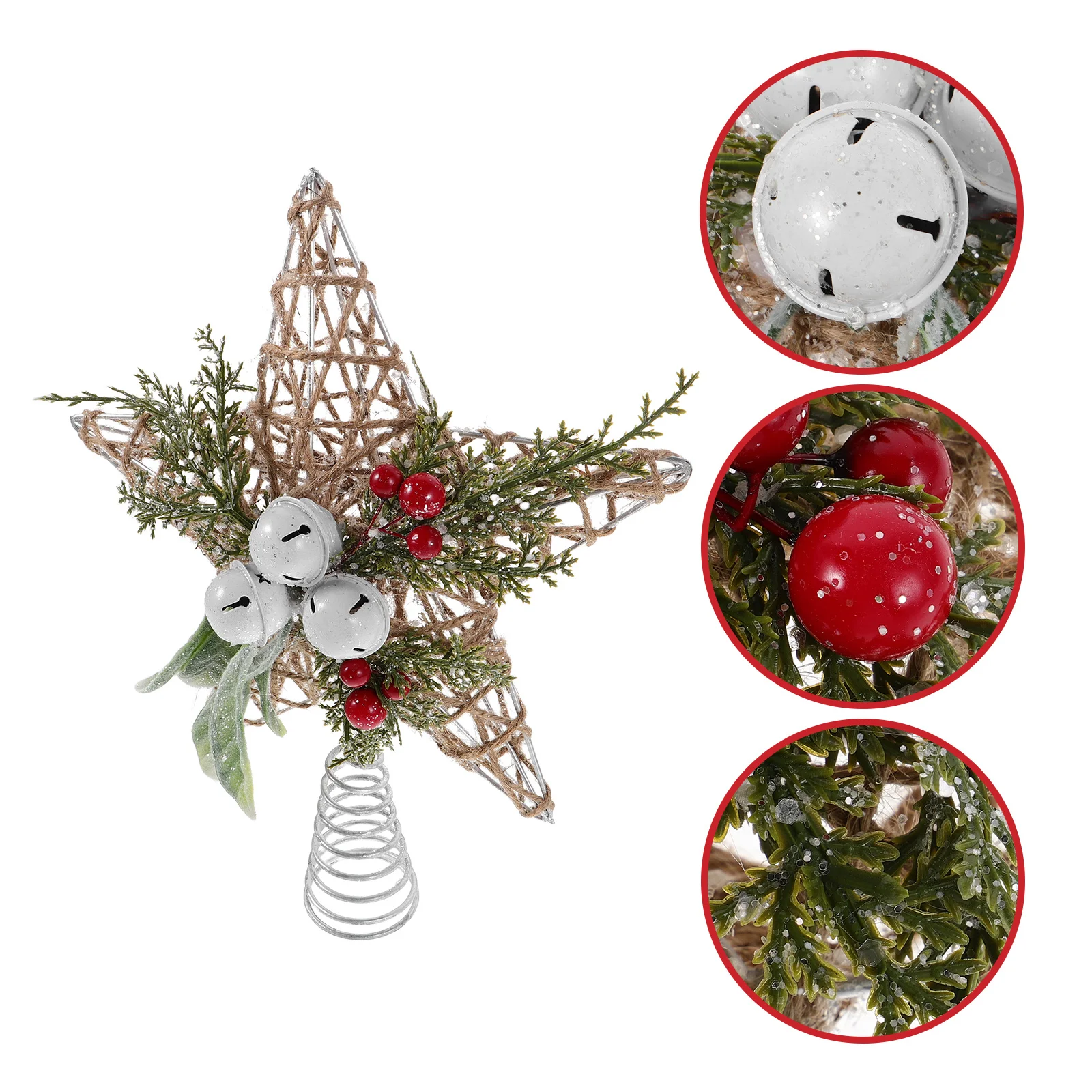 

Christmas Tree Topper Star Rustic Design with Jute Rope and Bells Sparkling Festival Decoration for Living Room Office Or Retail