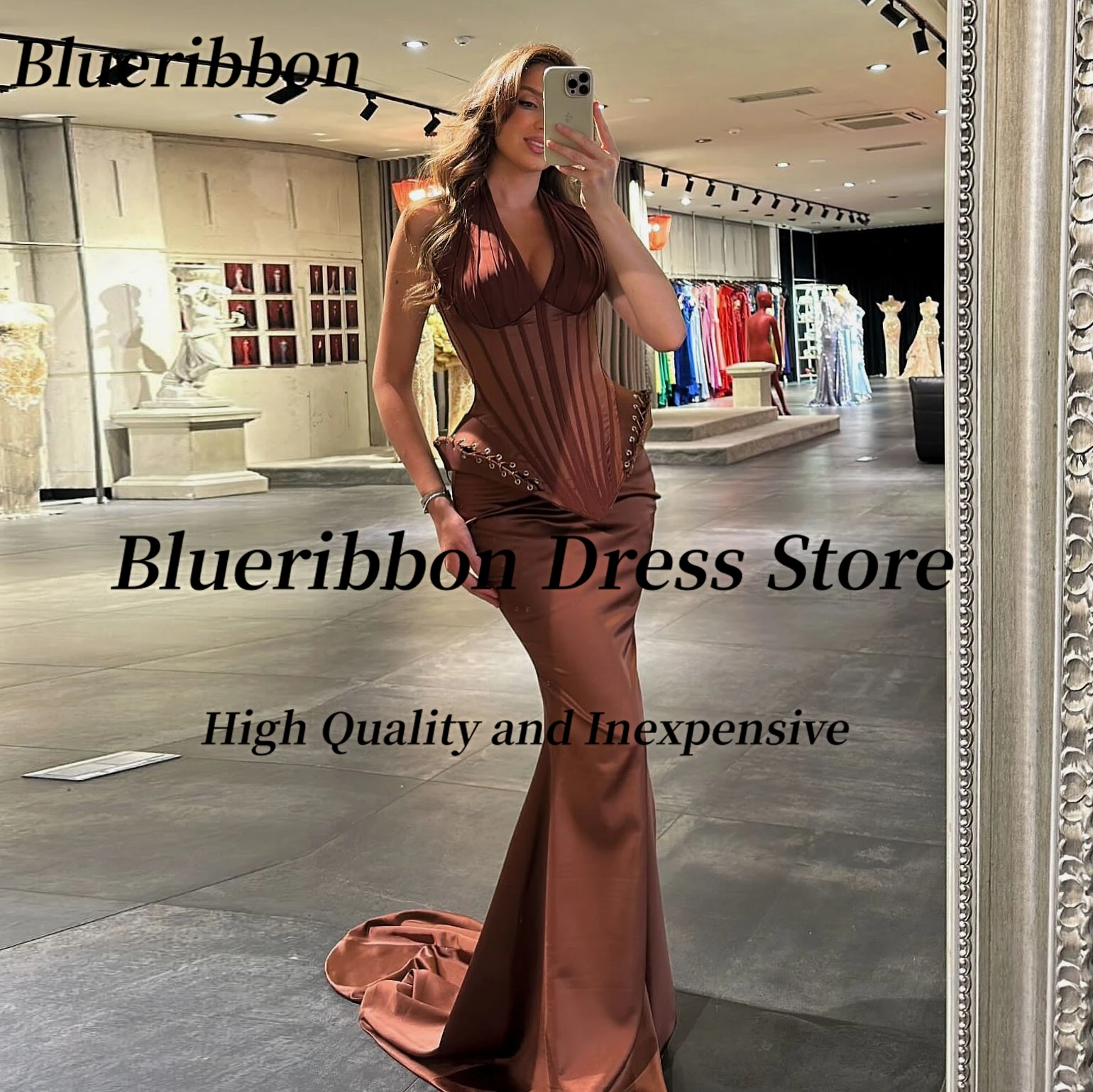 

Blueribbon Sweep Train Long Mermaid Prom Dresses Halter V Neck Evening Party Dress Lace Up Style Robe Des Marrige Customized