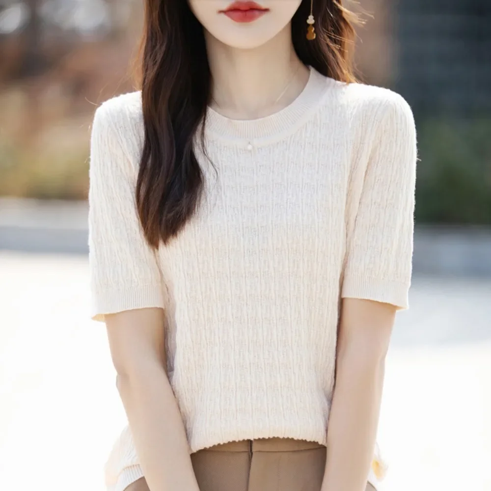Women Cotton Knit Short Sleeve Round Neck T Shirt Solid Color Cable Knit Comfortable Versatile Fashion Chic New
