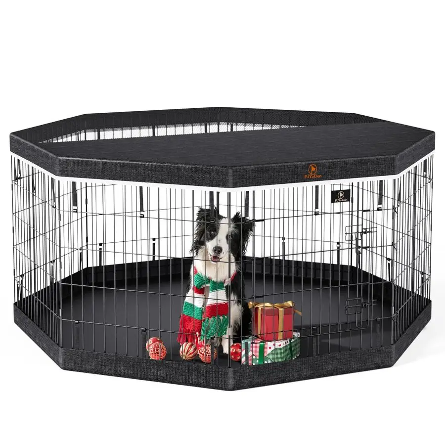 

Dog Playpen, 8 Panels 24H Dog Pens Indoor with Bottom Pad and Top Cover, Metal Foldable Pet Puppy Exercise Fence Crate Kennel, B