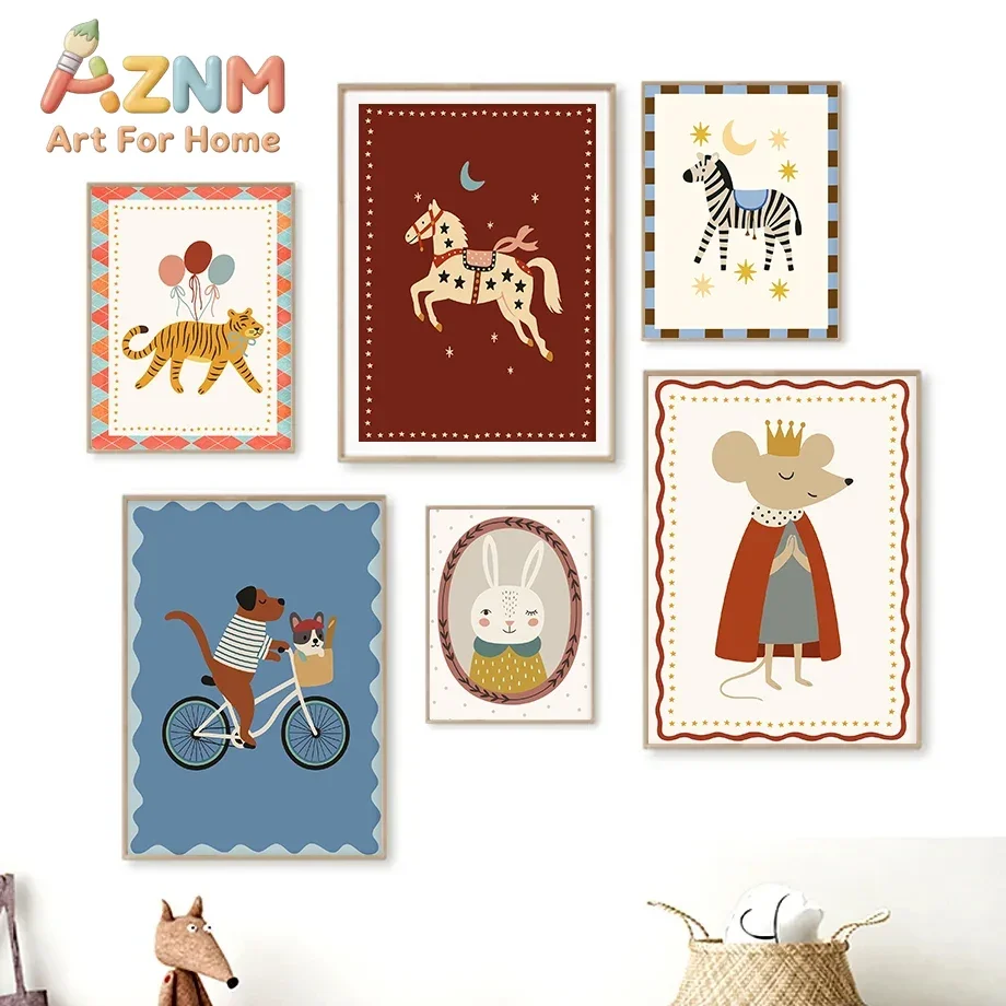 AZNM Cute Cartoon Animal Canvas Wall Art Rocking Horse Rabbit Dog Bear Zebra Illustration Art Print Unframed Canvas Poster for K