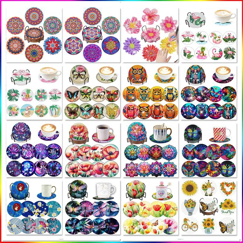 SDOYUNO 6/8pcs DIY Mandala Diamond Painting Coaster Drink Cup Cushion Diamond Embroidery Kit Home Decor Kitchen Accessories