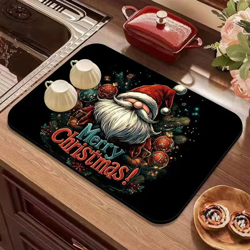 VIKAMA Christmas Counter Mat Black Three Gnomes Merry Christmas Pine Print Washable For Kitchen Counter Dining Room Home Decor