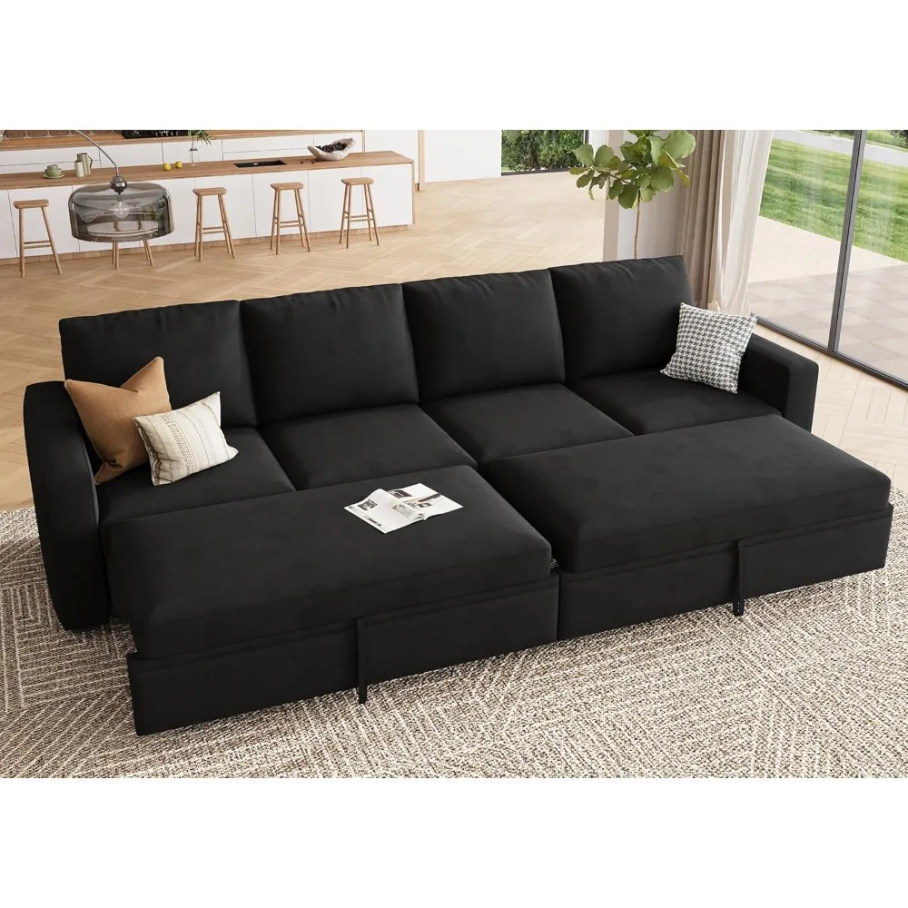 Modular Sectional Sleeper Sofa Bed, with Pull Out Bed, Linen Convertible Sectional Couches for Living Room - Black
