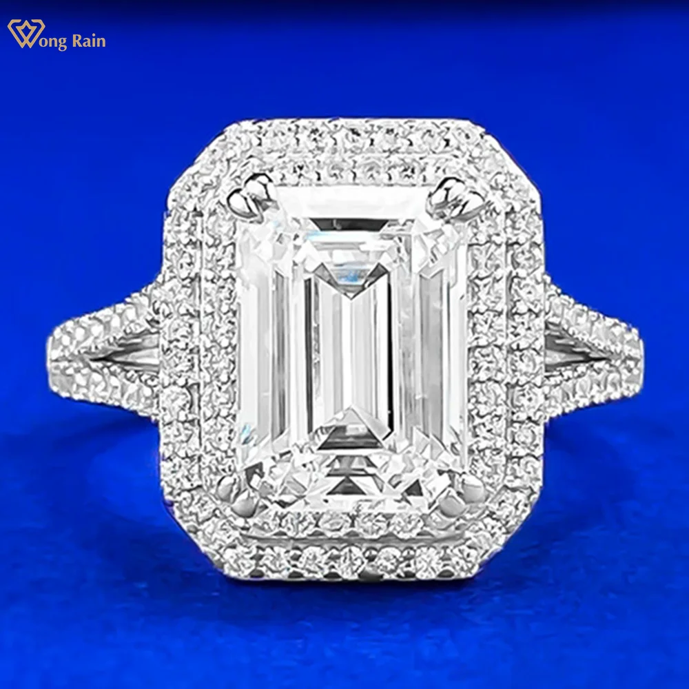 

Wong Rain Sparkling 925 Sterling Silver Emerald Cut 7*10 MM Lab Sapphire High Carbon Diamond Gems Engagement Rings Fine Jewelry