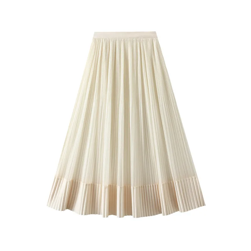 Long Pleated Skirt for Women Spring Summer 2024 New Vintage Patchwork Tulle A-line Skirts Female High Waist Mesh Split Skirts