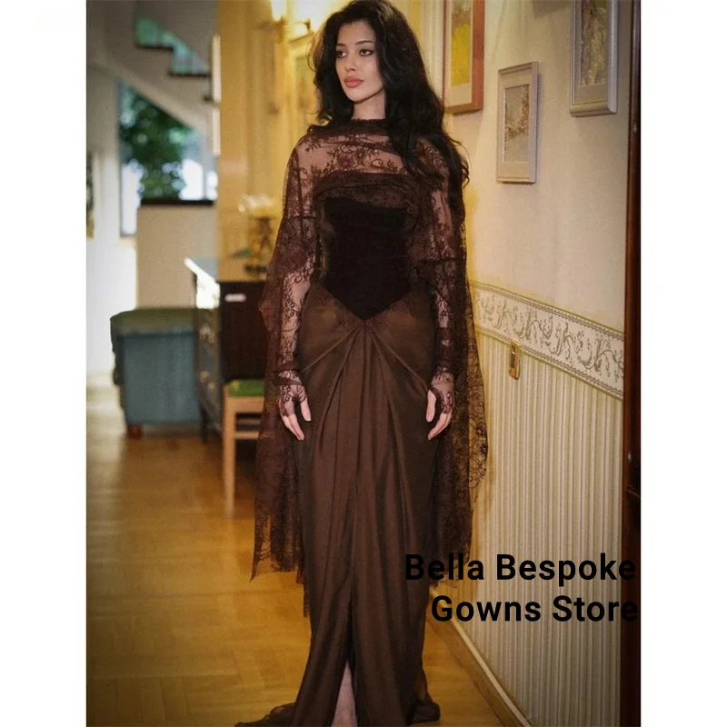 

Коричневое платье для выпускного вечера с разрезом спереди и разрезом по бокам, со складками и шалью, Vestidos De Noche, длиной до пола, торжественное вечернее платье