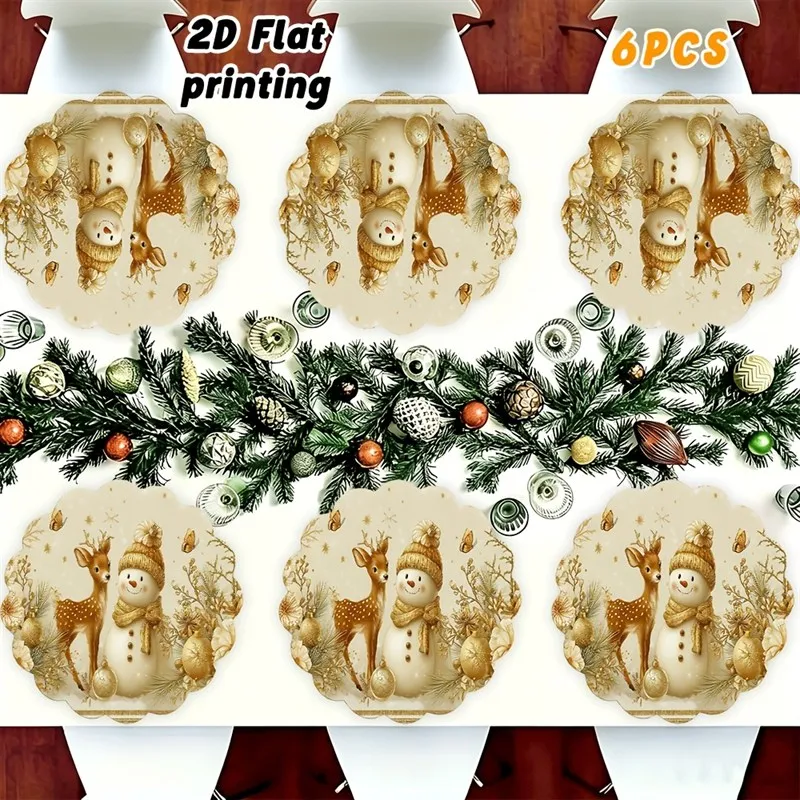 VIKAMA Linen Scalloped Placemats, Cream Gold Snowman and Fawn, Washable Stain Resistant Easy Clean, Winter Table