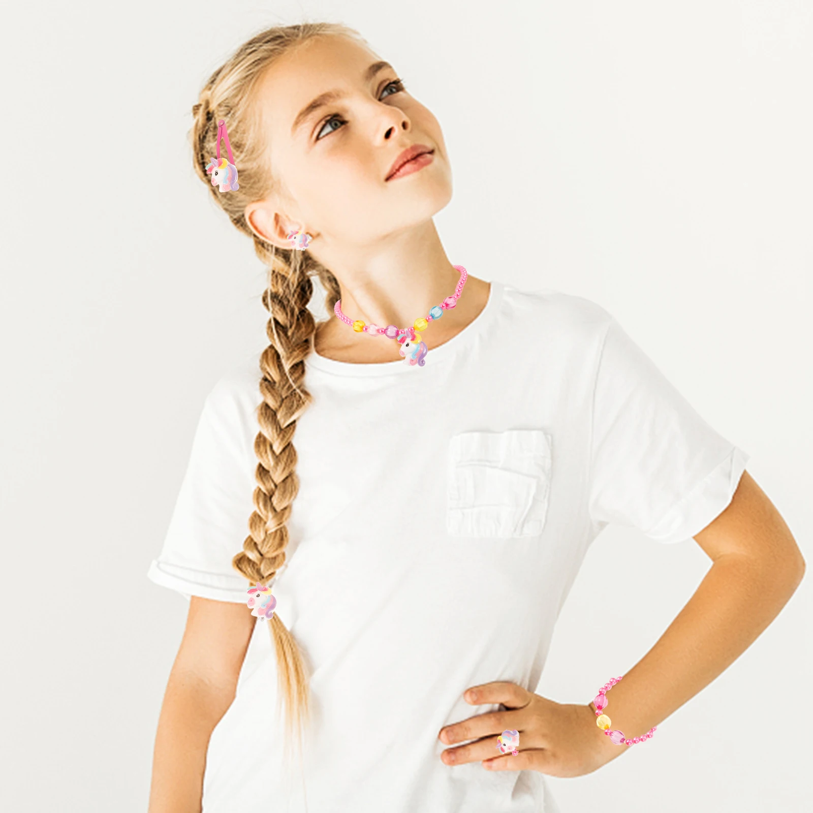 

1 set Princess Necklace Set Kids Jewelry Bright Color Cartoon Unicorn Earrings Pendant Resin Plastic Girls Party Favors Age 3