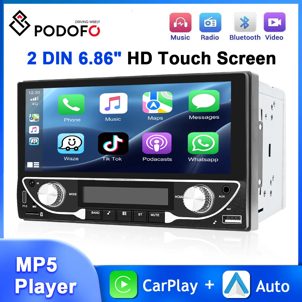 

Podofo 2Din MP5 Player Carplay Android Auto Car Radio Multimedia Player 6.86inch Mirror Link Bluetooth USB&Type-C Car Stereo