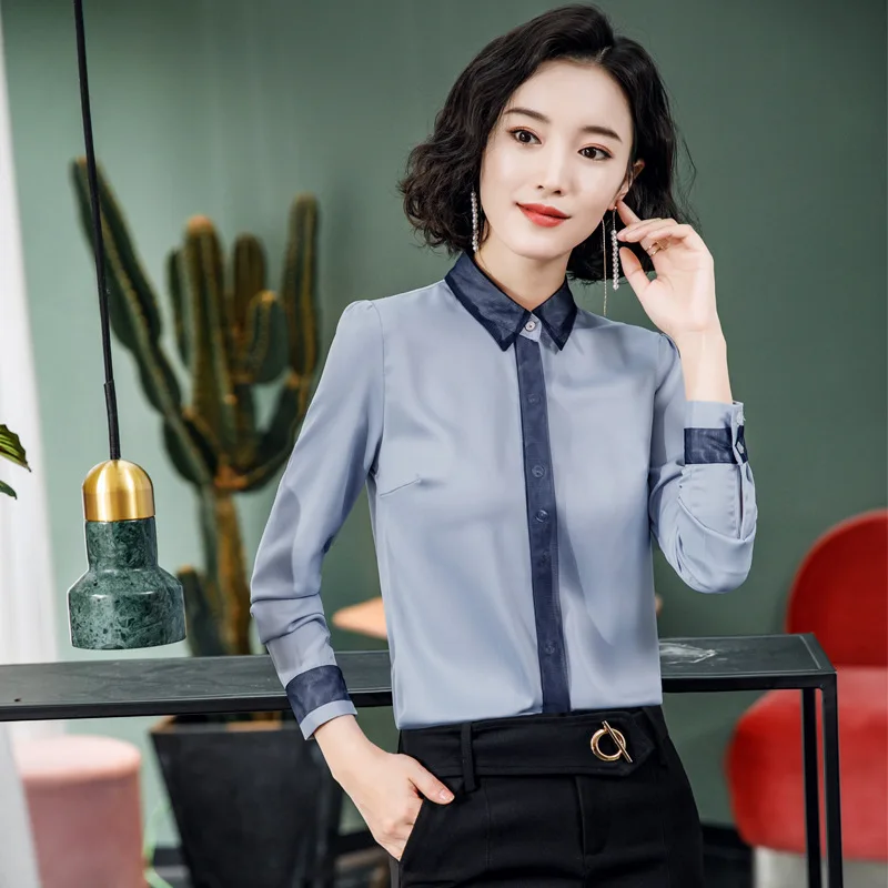 Frühjahr neue Langarm Top Satin Damen Design Sinn Mode atmungsaktive Chiffon Professional Shirt