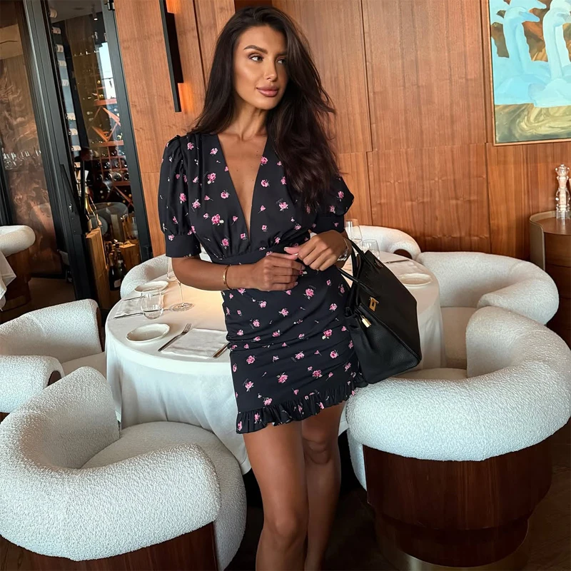 Chic Printed Slim Fit Mini Dress Women Elegant V-neck Puff Short Sleeves Waist Cinching Dresses 2026 Summer Lady Party Robes New
