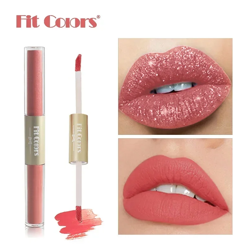 Fit Colors New 2 in 1 Liquid Lipstick Matte Velvet Waterproof Fashion Glitter Lip Gloss Shimmer Lasting Non Stick Cup Cosmetics