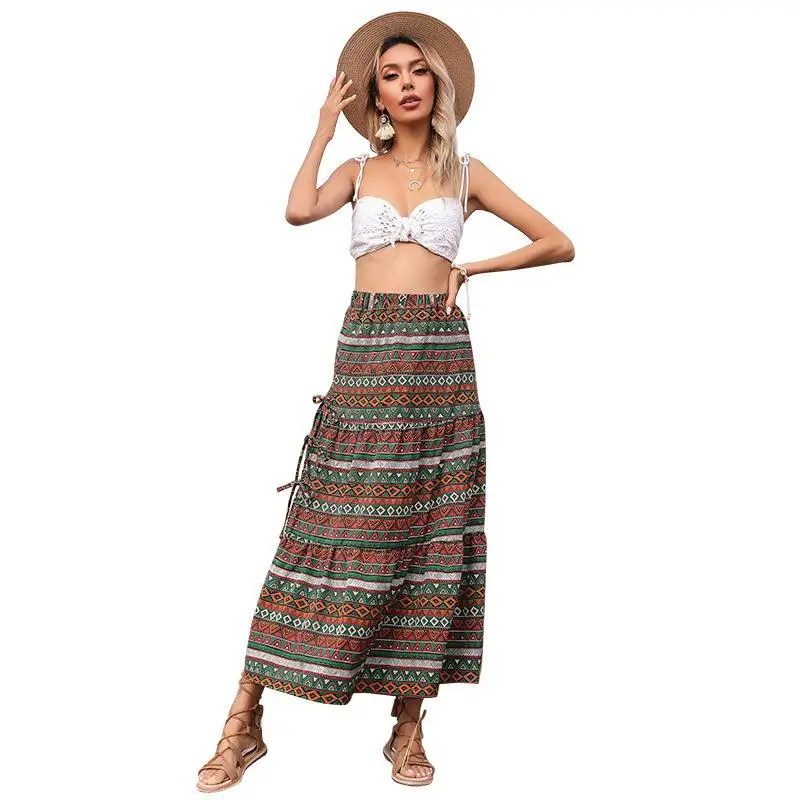 Elegant Cross-Border Women's Printed Half-Length A-Line Skirt Mid-Waist Batwing Style Summer Autumn Fashion Ethnic Wind