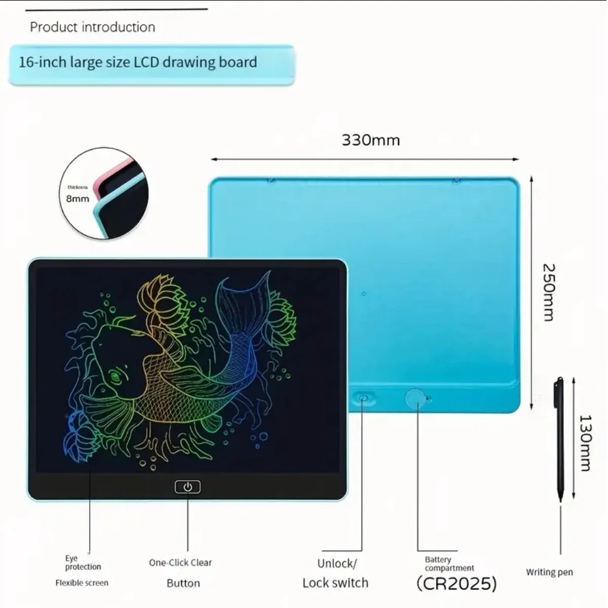 1pc 16-inch LCD Writing Tablet Color ScreenDoodle Board Writing Tablet EducationalChristmas Birthday Gift