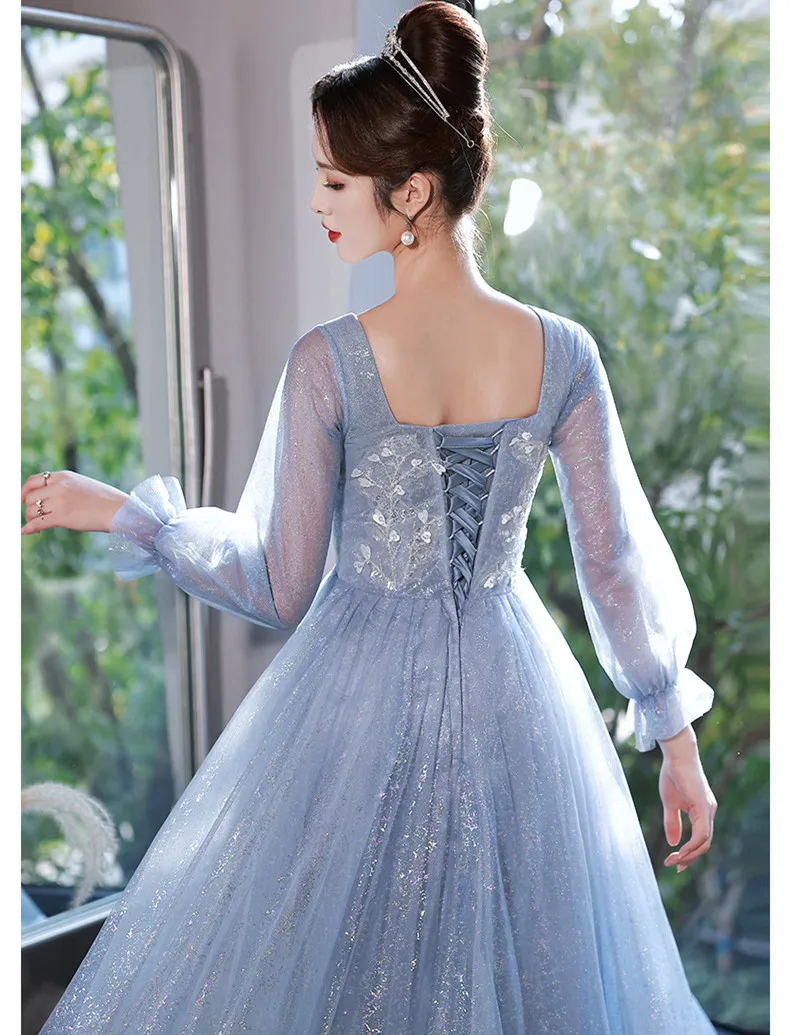 Blue Sexy Applique Lantern Sleeve Back Bandage A-Line Evening Dress Bride Bridesmaid Wedding Tulle Prom Gowns Vestidos