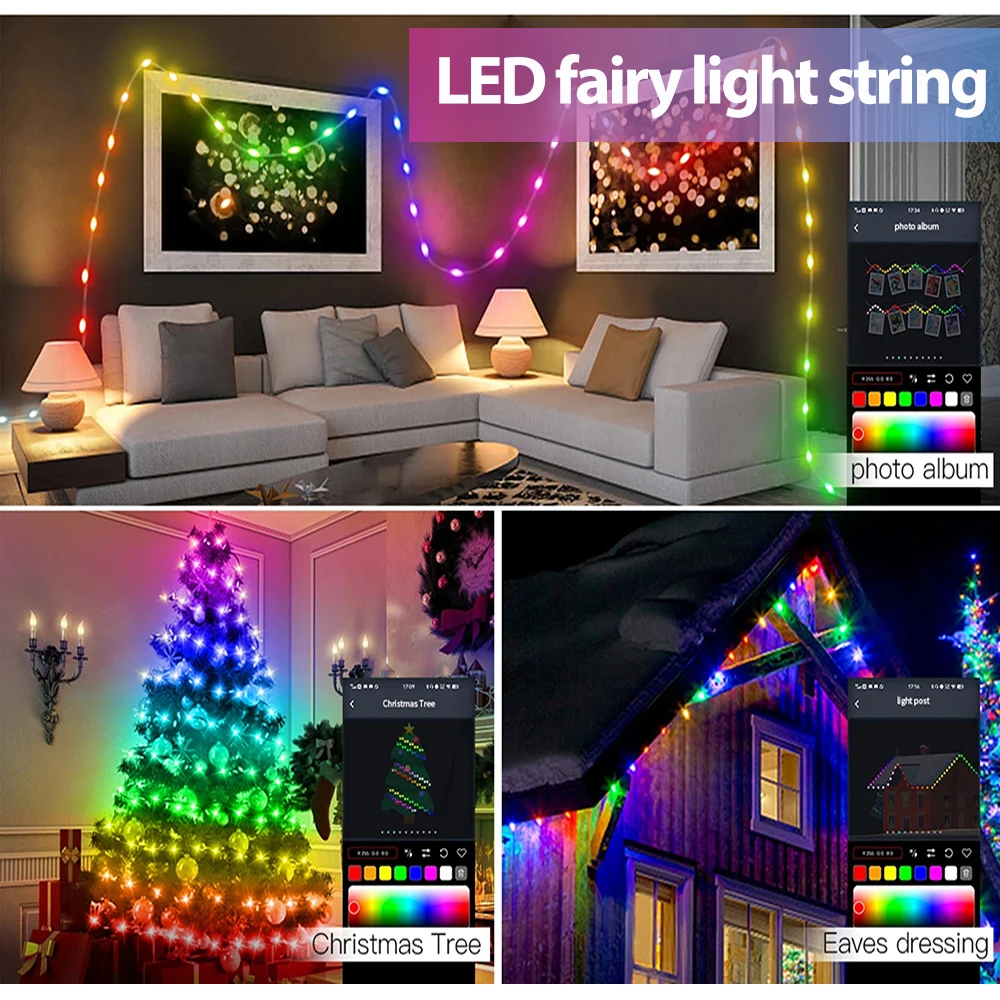 WS2812 LED Smart RGB USB Christmas String Lights Bluetooth Remote Music Sync Waterproof for Indoor Outdoor Room Decoration Light