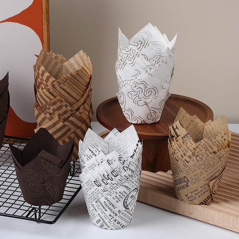 50 Stücke Tulpe Kuchen Pappbecher Zeitungsstil Cupcake Panetone Papierform Cupcake Liner Backförmchen Hochzeit Muffin Wrap Cupcake Cup