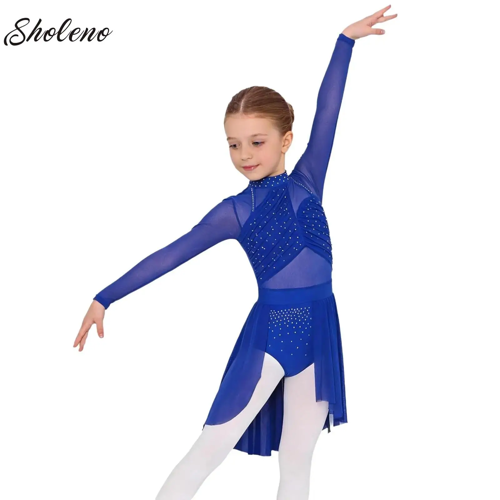 

Kids Girls Rhinestone Lyrical Dance Dress Long Sleeve Ruched One Piece Leotard Dress with Built-in Briefs Contemporary Dancewear