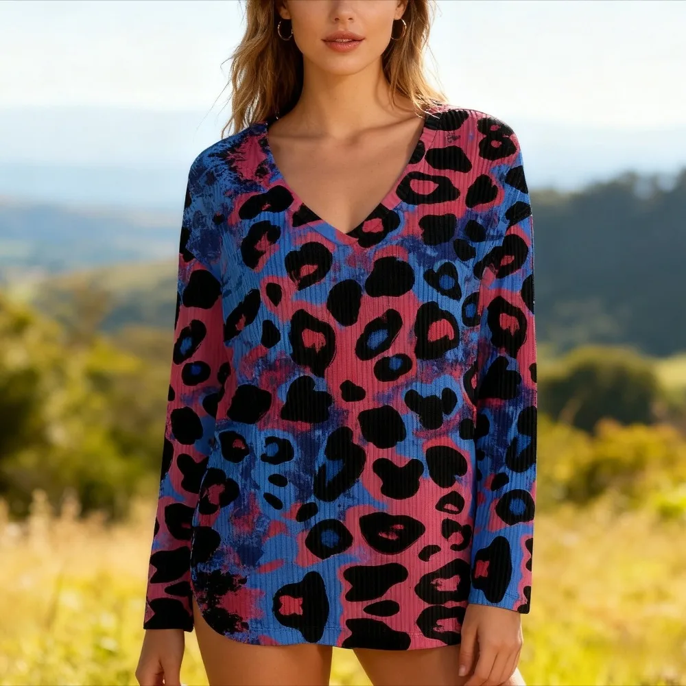 

Trendy Leopard Print Cozy Oversized Sweatshirt Sexy V Neck Long Sleeve Pullovers Comfortable Hip Hop Streetwear Outfit Plus Size
